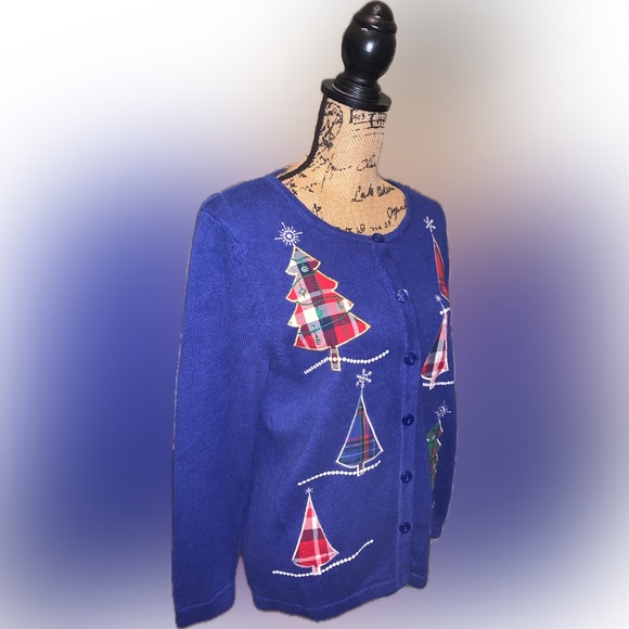 Vintage Festive Blue Knit Sweater Embroidered Sequins Plaid Trees Snowflakes XL - Picture 3 of 12